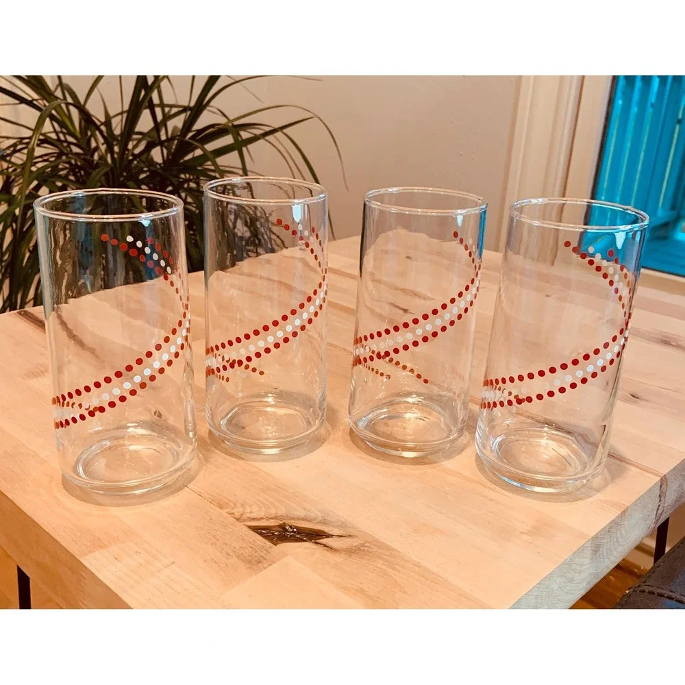 Vintage Set of 4 Glasses Red and White Swirl Polka Dots